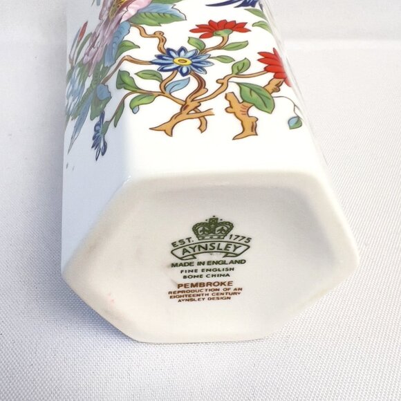Aynsley Pembroke Vintage Vase Fine Bone China England Floral Bird Hexagonal 7” - Picture 7 of 10